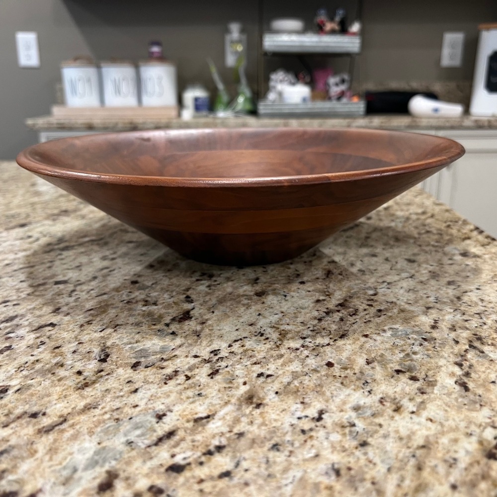 Large Wooden Salad Serving Bowl Segmented Wood 12 Inch Round Centerpiece Brown - Picture 2 of 10